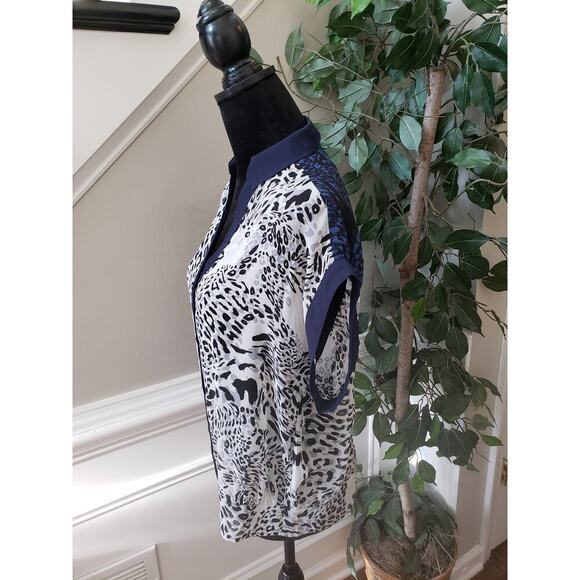 Express Botton Down Shirt Women's Size Small Blue Beige Leopard Chiffon Collared - Picture 11 of 11